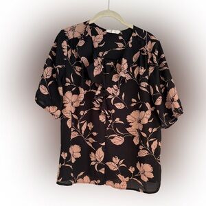 Beacon ruffled neck Black and Pink Floral Blouse